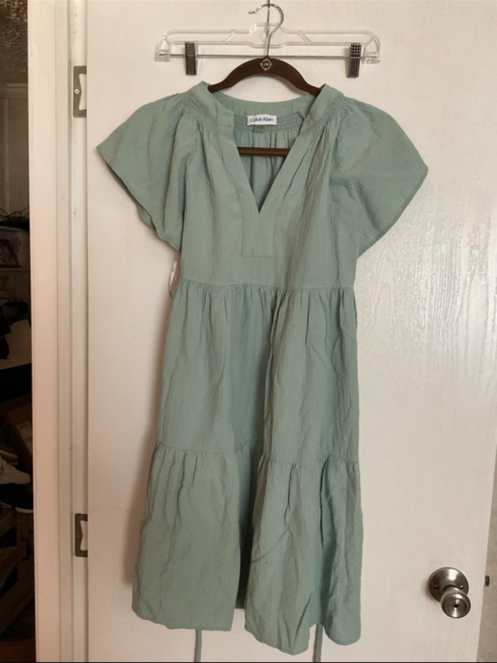 Calvin Klein Light Sage Green Tiered V-Neck Midi Dress